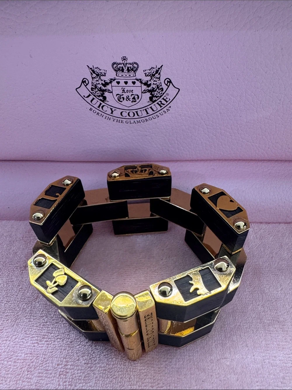 Juicy Couture Black and Gold Link Bracelet in Presentation Case